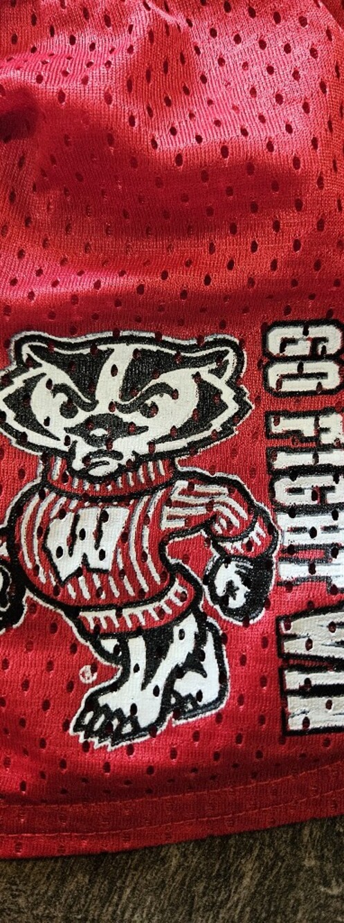Women's Red Mesh Athletic Shorts with Bucky Badger Wisconsin Graphic - Picture 4 of 9